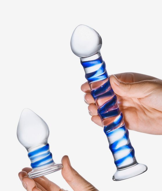 Glas Double Penetration Glass Swirly Dildo Butt Plug Set 2 pcs