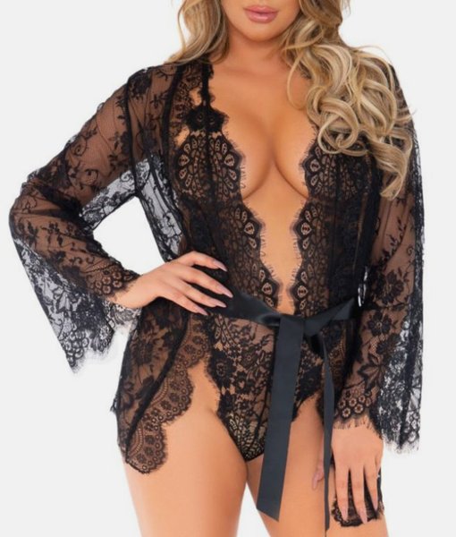 Leg Avenue 86112 Floral Lace Teddy And Robe lace bathrobe and bodysuit