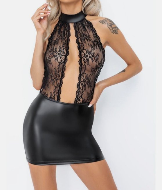 Noir Handmade Boudoir Stories F279 Mini wetlook dress with lace